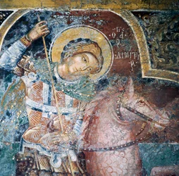 Szent lóháton, freskó a Thari kolostor templomában, Rodosz szigete, Görögország