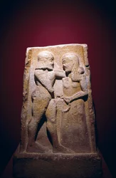 Menelaoszt és Helénát ábrázoló sztélé, Spártában találták, Görögország, görög civilizáció, Kr. e. 7. század vége