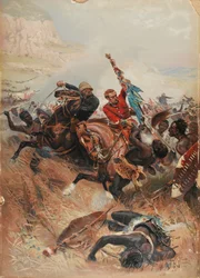 Melville és Coghill hadnagyok Megmentve a színeket, 1879-es zulu háború, 1881 (chromolitho)