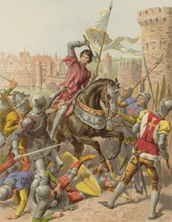 Jeanne DArc fogságba esett Compiegne-ben (chromolitho)