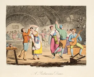 Egy piemonti tánc, az olasz díszletből, amely Olaszország különböző államainak modorait, szokásait és szórakozásait képviseli, kocsma. 1806 (kézzel színezett metszet)
