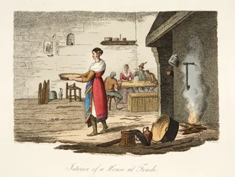 Egy Fondi-i ház belseje, az olasz tájból, amely Olaszország különböző államainak szokásait, szokásait és szórakozásait képviseli, pub. 1806 (kézzel színezett metszet)