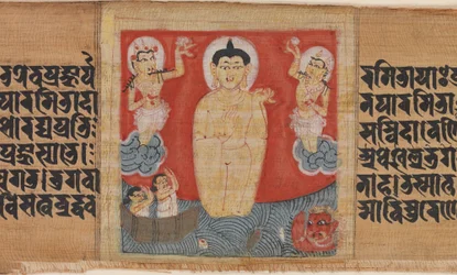 Buddha biztonságot (Abhayananda) ad a tengerészeknek, levél egy szétszórt Pancavimsatisahasrika Prajnapramita-ból