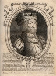 Caribert, a frankok királyának (561-567) portréja – Caribert vagy Charibert († 567) frankok királya – metszet a „Les Augustes Representations de tous les Kings de France from Pharamond to LouisXIV”, Párizs