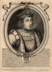 V. Bölcs Károly (1338-1380) portréja – Bölcs V. Károly vagy V. Bölcs Károly, Franciaország királya a Valois-házból – metszet a „Les Augustes Representations de tous les Kings de France from Pharamond to LouisXIV”, Párizs