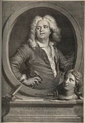 Guillaume Coustou (1677-1746) francia szobrász portréja – Larmessin metszete J.de Lien nyomán