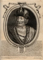 I. Lajos jámbor (778-840), francia király portréja – I. Lajos „Jámbor” (778-840) római római császár – metszet a „Les Augustes Representations de tous les Kings de France from Pharamond to LouisXIV” című könyvéből, Párizs