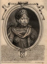 VI. Lajos portréja, a kövér – metszet a „Les Augustes Representations de tous les Kings de France from Pharamond to LouisXIV” című művéből, Párizs