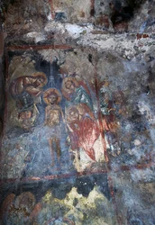 Krisztus és angyalok, freskó Agios Constantinos és Agia Eleni bizánci templomában, Voukolies, Kréta, Görögország (fotó)