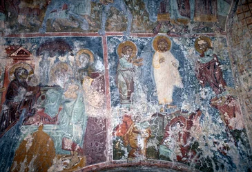 Krisztus és a szentek, freskó a bizánci Sotiras Christos templomban, Vlithias, Kréta, Görögország (fotó)