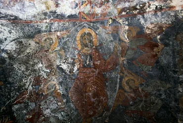Krisztus angyalokkal és szenttel, freskó Panagia templomában, Kitiros, Kréta, Görögország (fotó)