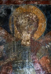 Szent alakja, freskó Agios Constantinos és Agia Eleni bizánci templomában, Voukolies, Kréta, Görögország (fotó)