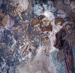 Férficsoport, freskó a templomban, Kandanos, Kréta, Görögország (fotó)