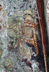 Férfialak fejfedővel, sérült freskó a Metamorphosis Sotiros templomban, Voutas, Kréta, Görögország (fotó)