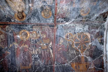 Vallási témájú freskó, Ioannis Pagomenos, freskó a bizánci Szent György-templomban, Anidri, Kréta, Görögország (fotó)
