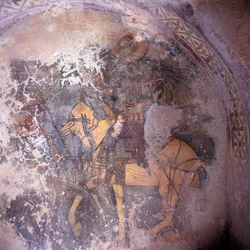 Szent lóháton, freskó a templomban Prodromiban, Kréta, Görögország (fotó)