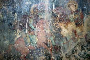 Szentek lóháton, freskó a bizánci Agios Athanasios templomban, Kefali, Kréta, Görögország (fotó)