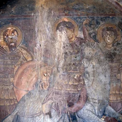 Szentek lóháton, freskó a templomban Kandanosban, Kréta, Görögország, Részlet (fotó)