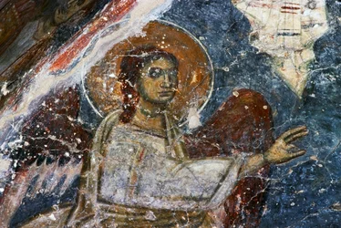 Angyal, freskó Agios Georgios Sfakiotis bizánci templomában, Diavaide, Kréta, Görögország (fotó)