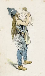 Egy gall harcos a gyermekével. „” Franciaországban, történetét G. Montorgueil mesélte, képét Job készítette””” 1896. Magángyűjtemény.