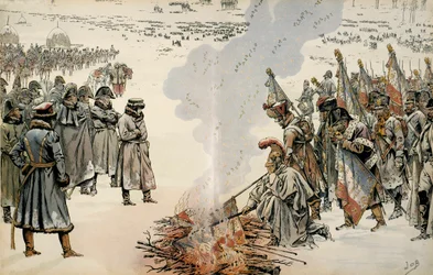 Oroszországi hadjárat (1812): Az oroszországi visszavonulás során I. Napóleon Bonaparte (1769-1821) elrendelte a zászlók és sasok elégetését, hogy megakadályozza, hogy az ellenség megszerezze őket. Georges Montorgueil „Napóleon” című művében. Jacques