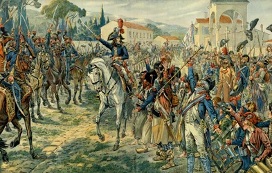 Első itáliai hadjárat (1796-1797): I. Napóleon Bonaparte (1769-1821) 1796. március 27-én Nizzában szemlét tartott az itáliai hadsereg felett. Jacques Marie Gaston Onfray de Breville, JOB néven ismert művész (1858-1931) illusztrációja. Magángyűjtemény