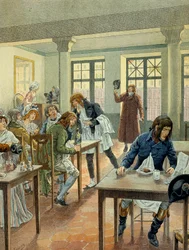 Az 1789-es francia forradalom: I. Bonaparte Napóleon (1769-1821) fiatalon a párizsi rue des petits peres (Petits-Peres) gargotier Justat-ban, egyetlen ételre csökkentve, amiért 6-ot fizetett az adag alatt. Illusztráció: Jacques Marie Gaston Onfray de