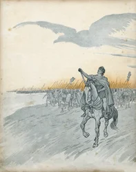 Gall háború: Gaius Julius Caesar (akkor Jules César) (Kr. e. 100-44) és serege megszállja Galliát. Egy sasnak, a Római Birodalom jelképének árnyéka jelenik meg az égen. A „Franciaország, története G. Montorgueil elbeszélésében, Job képeivel”, 1896 című