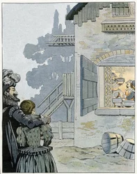 IV. Henrik (1553-1610) és a tyúk a fazékban: a király megfigyeli egy parasztcsalád étkezését, és a fazékban lévő tyúk révén javítani akar életkörülményeiken. A „Franciaország, története G. Montorgueil elbeszélésében, Job illusztrációival” című műben