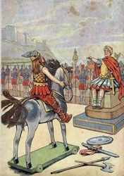 Franciaország története. Játékokkal megjelenített jelenet a római Galliából: Vercingetorix (Kr. e. 72-46) gall vezér az alesiai csata után, Kr. e. 52-ben Julius Caesar (Kr. e. 100-44) római hadvezérhez megy. A „Játsszunk történelmet: Franciaország két kis
