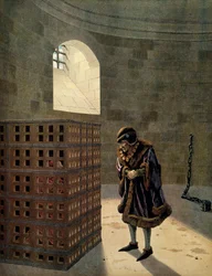 Franciaország története a középkorban (középkor): Jean Balue bíboros (1422-1491) raboskodott XI. Lajos francia király egyik híres ketrecében, az úgynevezett Prudent (1423-1483) Jacques Marie Gaston illusztrációja Onfray de Breville dit ÁLLÁS (1858-1931)