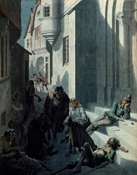 Franciaország története a középkorban (középkor): Francois de Montcorbier, Francois Villon (1431-1463?) költő, Párizs utcáinak nyomorúságában komponálja műveit. Illusztráció: Jacques Marie Gaston Onfray de Breville a JOB-ban (1858-1931)