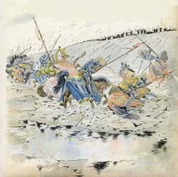 Százéves háború: „” Azincourt-i csata 1415.10.25-én””. V. Henrik király (1387-1422) serege által legyőzött francia csapatok. in „Franciaország, története G. Montorgueil, imagee by Job”” 1896. Magángyűjtemény.