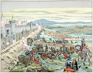 Illusztráció a „Le bon roy Henri” című könyvből, illusztrálta: Jacques Marie Gaston Onfray de Breville dit JOB (1858-1931): IV. Henrik megtámadja a párizsi faubourgot 1590-ben - Magángyűjtemény