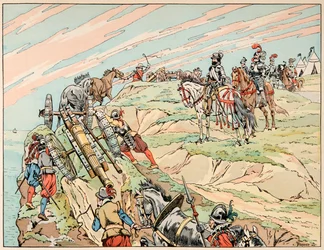 Illusztráció a „Le bon roy Henri” című könyvből, illusztrálta: Jacques Marie Gaston Onfray de Breville dit JOB (1858-1931): IV. Henrik háborúban tüzérségével Dieppe mellett alapította táborát - Magángyűjtemény