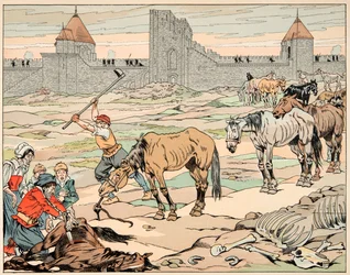 Illusztráció a „Le bon roy Henri” című könyvből, illusztrálta: Jacques Marie Gaston Onfray de Breville dit JOB (1858-1931): A párizsiak éhesen vágják le lovaikat - Magángyűjtemény
