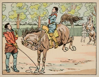 Az illusztráció a „Le bon roy Henri” című könyvből származik, illusztrálta: Jacques Marie Gaston Onfray de Breville dit JOB (1858-1931): Oktatás a 16. századi lovaglásban - Magángyűjtemény