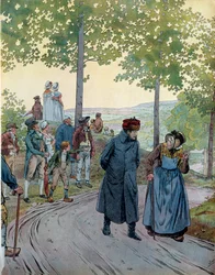 Tarare-ban I. Bonaparte Napóleon császár (1769-1821) megtér egy jó öregemberrel, aki nem találta ki a császárt, ebben a polgári öltönyben, utazósapkában, miután megkérdezte tőle, mi a haszna abból, ha átvált Capet és Napóleon között. válaszolta neki