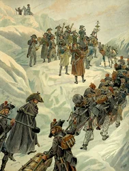 Olasz hadjárat (1799-1800): I. Bonaparte Napóleon (1769-1821) hadserege 1800. május 20-án áthaladt a Szent Bernát-hágón az Alpokba. Illusztráció: Jacques Marie Gaston Onfray de Breville dit JOB (1858-1931). Magángyűjtemény