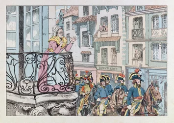 Jacques Marie Gaston Onfray de Breville az állásban (1858-1931); Illusztráció a „Les epees de France” című könyvből: Louis Lazare Hoche tábornok (1768-1797) defile csapatai élén; Coll, rész