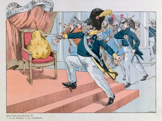 Jacques Marie Gaston Onfray de Breville az állásban (1858-1931); Illusztráció a „Les epees de France” című könyvből: Louis philippe chasse du trone (Joseph Prudhomme szablyája „” Ez a szablya életem legszebb napja. A védekezésre szolgál majd