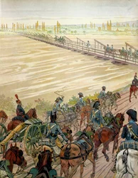 I. Bonaparte Napóleon (1769-1821) és serege 1805. október 1-jén haladt át a Rajnán. Georges Montorgueil „” Napóleon” című művében. Illusztráció: Jacques Marie Gaston Onfray de Breville a JOB-ban (1858-1931)