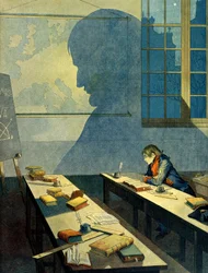 I. Bonaparte Napóleon (1769-1821) a Brienne-i Királyi Katonai Iskolában tanul (az iskola a Minimesek által vezetett Aube-ban, Champagne Ardennes-ben). Árnyéka Európa földrajzi térképére esik. Illusztráció: Jacques Marie Gaston Onfray de Breville a JOB-ban