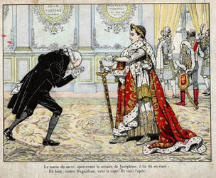 Napóleon és Raguideau közjegyző a koronázás reggelén, 1804 - Job (Jacques Onfroy de Bréville) litográfiája a „Le Grand Napoléon des Petits Enfants” című könyvből, 1893
