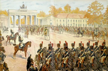 1806. október 27-én I. Bonaparte Napóleon (1769-1821) és hadserege bevonult Berlinbe. Georges Montorgueil „” Napóleon” című művében. Illusztráció: Jacques Marie Gaston Onfray de Breville a JOB-ban (1858-1931)