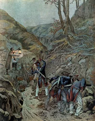 Poroszországi hadjárat (1806): A csapatok azon dolgoztak, hogy kiszélesítsék az ágyúk számára kialakított átjárót az Iena-hegy lábánál a csata (október 14-én) előestéjén.