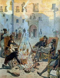 Spanyol háború (1808-1813): I. Bonaparte Napóleon (1769-1821) francia hadserege Spanyolországban jól érzi magát. Georges Montorgueil „” Napóleon” című művében. Illusztráció: Jacques Marie Gaston Onfray de Breville a JOB-ban (1858-1931)
