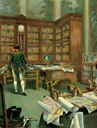 I. Napóleon Bonaparte (1769-1821) dolgozószobája a Palais des Tuileries első emeletén, amikor első konzul volt. Fából készült íróasztal könyvtárral és órával. Jacques Marie Gaston Onfray de Breville, más néven JOB (1858-1931) illusztrációja.