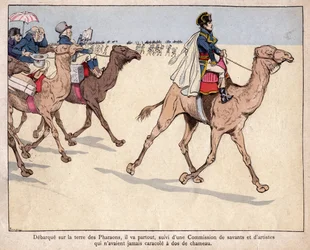 Napoleon debarque sur la terre des Pharaohs - NAPOLEON EGYIPTOMBAN - Egyiptomi hadjárata során vademberek kísérik, akikkel felkeresik a régészeti lelőhelyeket - Jób litográfiája