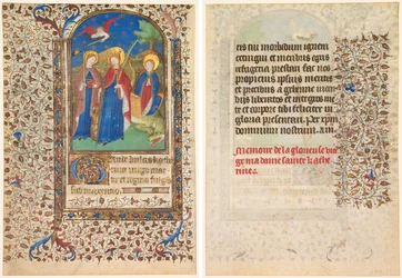 Levél az órák könyvéből: Sts. Geneviève, Alexandriai Katalin és Margaret (recto) és Szöveg (verso)